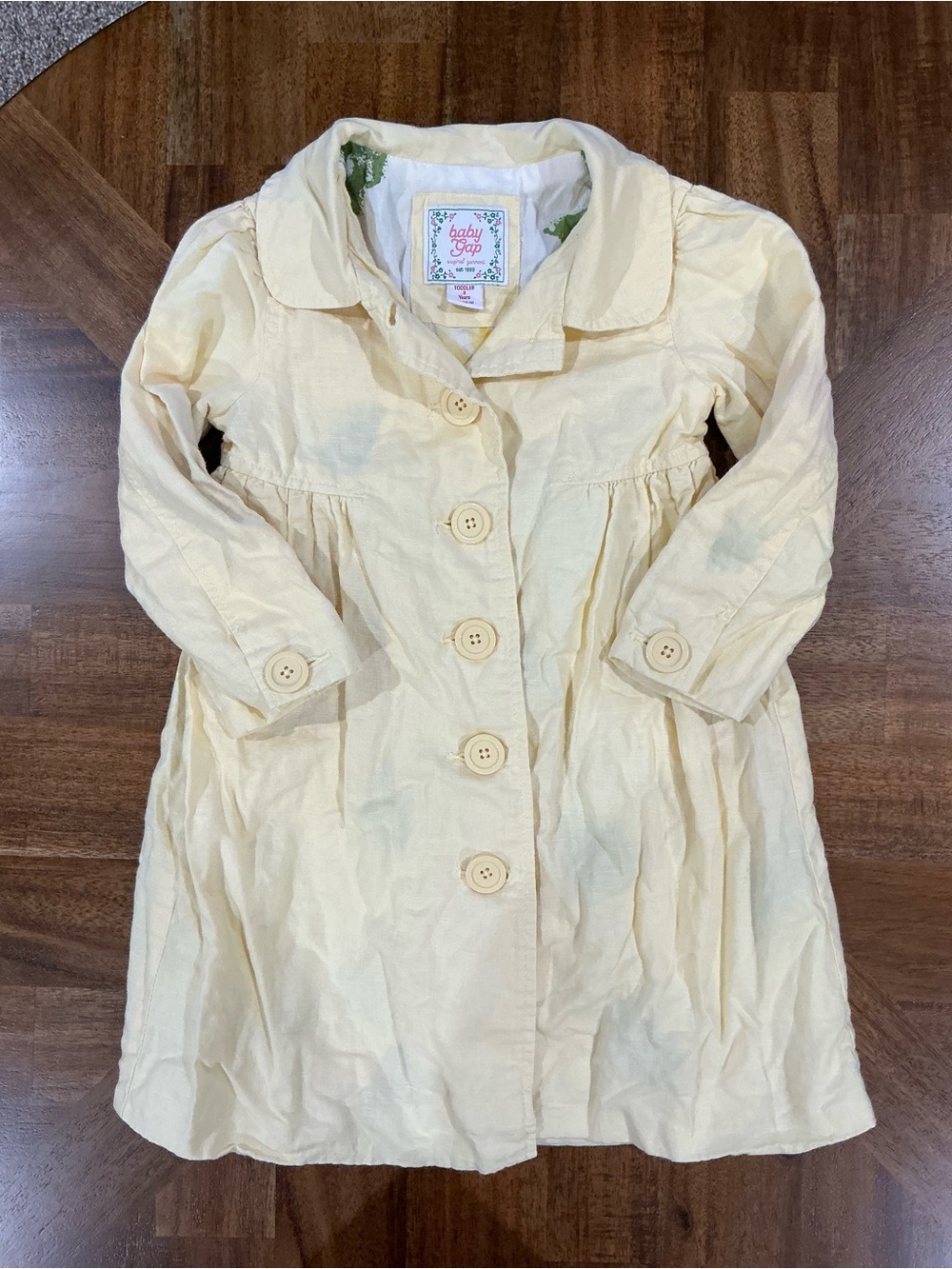 Vintage Baby Gap Size 3 Yellow Button Kids Trench Coat with Sunflower Liner
